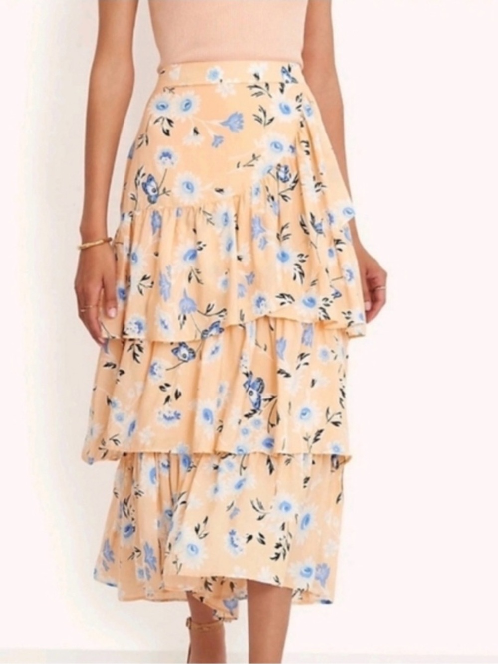 Ann Taylor Peach Tiered Skirt with Blue Floral Print